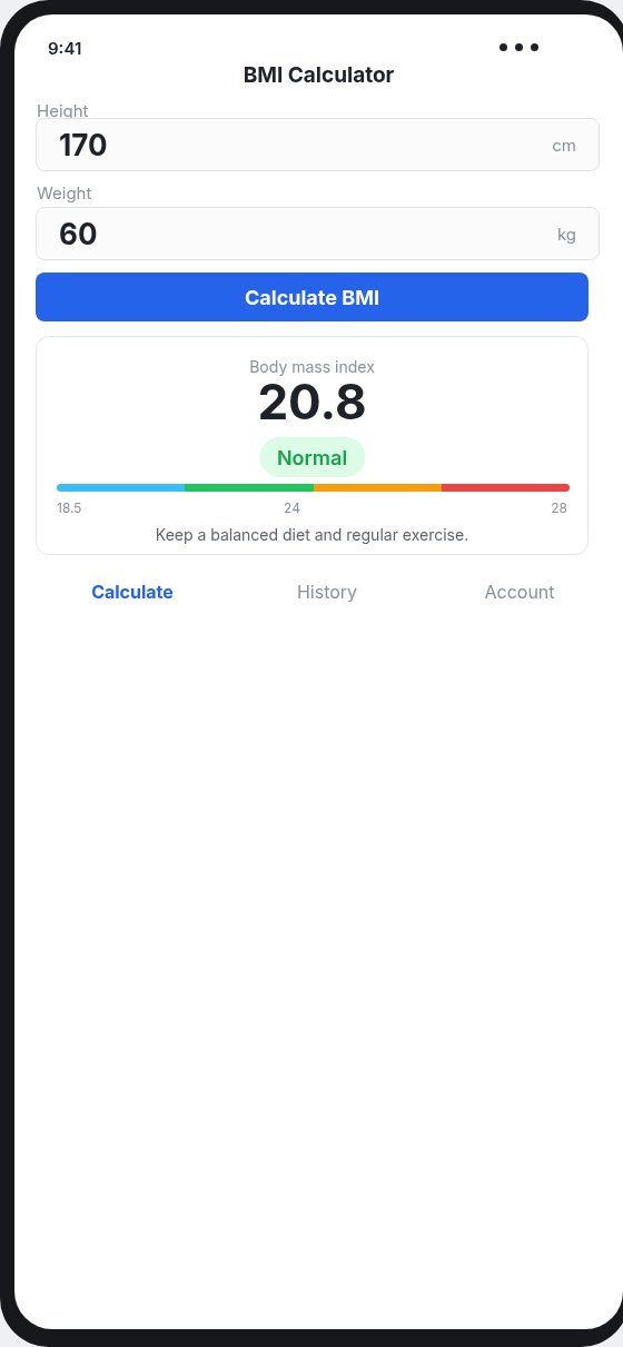 BMI Calculator mobile app interface on Android